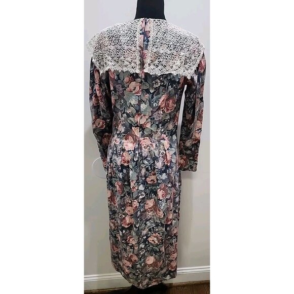 VTG LAURA ASHLEY UK-MADE FLORAL Wool DRESS LACE COLLAR Cottage Core Size 12 - Picture 7 of 11